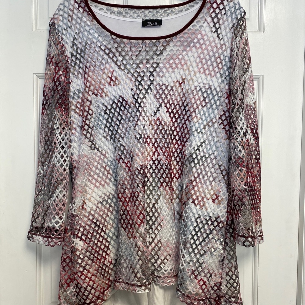 Bali Corp 3/4 sleeve Blouse Layered Size Large made in Canada Pink Burgundy Mesh